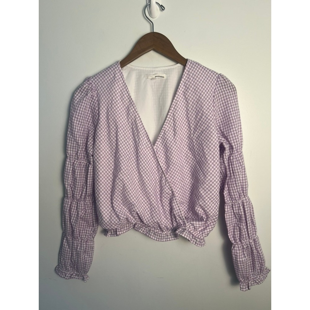 June & Hudson XS Purple Gingham Wrap Top Smocked Ruffle Blouse Cottage Boho
